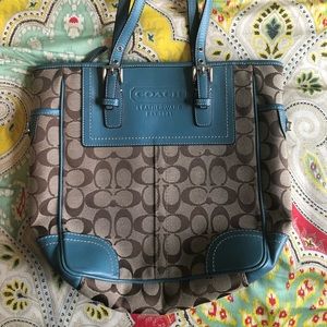 Coach Brown and Teal Shoulder Handbag